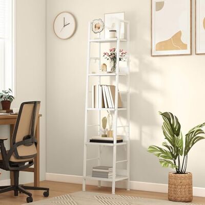 DWVO Schmales hohes Bücherregal 5 Etagen, Industrielles Leiterregal, Holzregale und Metall, schmal, dünn, modernes Regal für Wohnzimmer, Flur, Büro, Reinweißes DWVO Schmales hohes Bücherregal 5 Etagen, Industrielles Leiterregal, Holzregale und Metall, schmal, dünn, modernes Regal für Wohnzimmer, Flur, Büro, Reinweißes