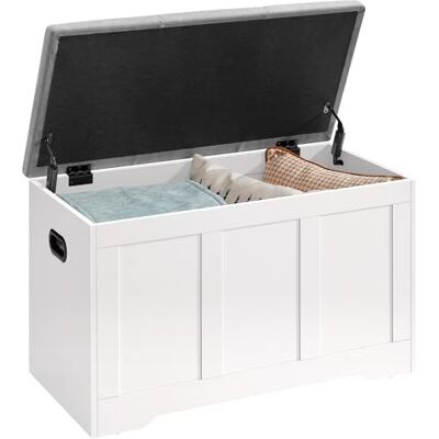 VASAGLE Truhe mit Deckel, Truhenbank mit Stauraum, 2 Sicherheitsscharniere, Schuhbank, Landhausstil, für Flur, Schlafzimmer, Wohnzimmer, 41 x 81 x 49 cm, mattweiß-Taubengrau LSB067W101 VASAGLE Truhe mit Deckel, Truhenbank mit Stauraum, 2 Sicherheitsscharniere, Schuhbank, Landhausstil, für Flur, Schlafzimmer, Wohnzimmer, 41 x 81 x 49 cm, mattweiß-Taubengrau LSB067W101