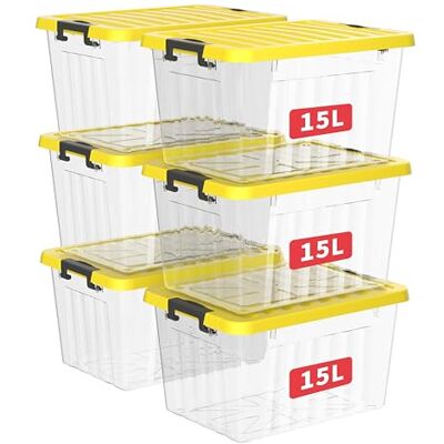Cetomo 15L*3 Aufbewahrungsboxen, Rillen-verstärkte Kunststoffboxen mit Deckeln & Clips, Stapelbare Aufbewahrungskiste, Ordnungsboxen für Zuhause und Büro, PP, Transparent & Gelb, 15L (3er Pack) Cetomo 15L*3 Aufbewahrungsboxen, Rillen-verstärkte Kunststoffboxen mit Deckeln & Clips, Stapelbare Aufbewahrungskiste, Ordnungsboxen für Zuhause und Büro, PP, Transparent & Gelb, 15L (3er Pack)