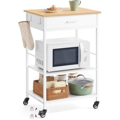 VASAGLE Küchewagen mit Rollen, mobiler Servierwagen mit Stauraum, Kücheninsel, 47 x 60 x 90 cm, Schublade, 2 Haken, für Esszimmer, eichenbeige-mattweiß KKI007Y01 VASAGLE Küchewagen mit Rollen, mobiler Servierwagen mit Stauraum, Kücheninsel, 47 x 60 x 90 cm, Schublade, 2 Haken, für Esszimmer, eichenbeige-mattweiß KKI007Y01