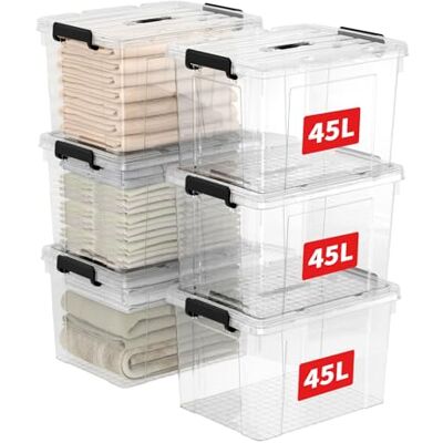 Cetomo 45L*6 Aufbewahrungsboxen, Tragbare Plastikboxen mit Deckeln, Organizer-Behälter mit Griff und Clips, Stapelbar, Ineinander Nestbar, für Zuhause und Büro, Transparent, 45L-6er Pack Cetomo 45L*6 Aufbewahrungsboxen, Tragbare Plastikboxen mit Deckeln, Organizer-Behälter mit Griff und Clips, Stapelbar, Ineinander Nestbar, für Zuhause und Büro, Transparent, 45L-6er Pack