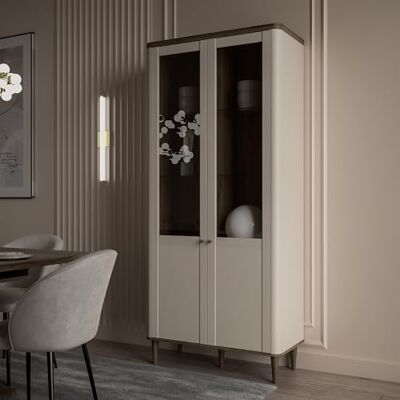 Forte LACETTI Vitrine 90, Moderne Wohnzimmervitrine mit Skandi Lamellen Design, 2-türig, Holzwerkstoff, Kaschmir Beige mit Valencia Eiche Holzdekor, 90,1 cm breit x 200,5 cm hoch x 41,2 cm tief Forte LACETTI Vitrine 90, Moderne Wohnzimmervitrine mit Skandi Lamellen Design, 2-türig, Holzwerkstoff, Kaschmir Beige mit Valencia Eiche Holzdekor, 90,1 cm breit x 200,5 cm hoch x 41,2 cm tief