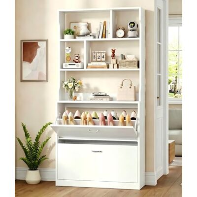 IRONCK Schuhschrank 2 Klappen, Schuhkipper Schmal, Schuhregal offenes Fach, Hohe Schuhaufbewahrung Holz Schuhkommode mit verstellbaren Trennwände für Flur Eingang Wohnzimmer, 24x80x165cm (Weiß) IRONCK Schuhschrank 2 Klappen, Schuhkipper Schmal, Schuhregal offenes Fach, Hohe Schuhaufbewahrung Holz Schuhkommode mit verstellbaren Trennwände für Flur Eingang Wohnzimmer, 24x80x165cm (Weiß)