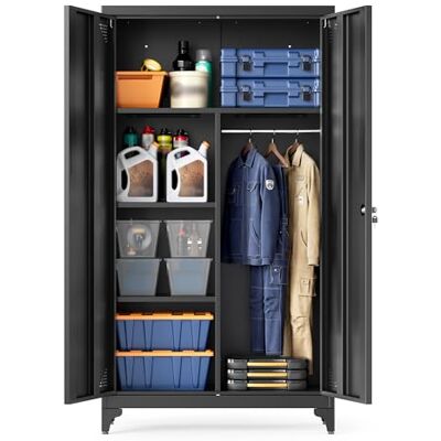 SONGMICS Mehrzweckschrank, Garderobenschrank, Aufbewahrungsschrank, Aktenschrank, Metallschrank, mit 2 Türen, 5 Fächern, Hängestange, abschließbar, hohe Füße, 80 x 40 x 165 cm, Mattschwarz OMC018BD01 SONGMICS Mehrzweckschrank, Garderobenschrank, Aufbewahrungsschrank, Aktenschrank, Metallschrank, mit 2 Türen, 5 Fächern, Hängestange, abschließbar, hohe Füße, 80 x 40 x 165 cm, Mattschwarz OMC018BD01