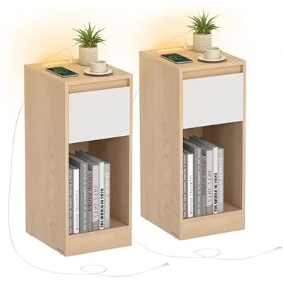 VASAGLE Nachttisch 2er Set, schmal, Beistelltisch, LED-Beleuchtung, 1 USB-A-Anschluss, 1 USB-C-Anschluss, Schublade, offenes Fach, für Schlafzimmer, Wohnzimmer, mandelgelb-wolkenweiß LET710Y01 VASAGLE Nachttisch 2er Set, schmal, Beistelltisch, LED-Beleuchtung, 1 USB-A-Anschluss, 1 USB-C-Anschluss, Schublade, offenes Fach, für Schlafzimmer, Wohnzimmer, mandelgelb-wolkenweiß LET710Y01