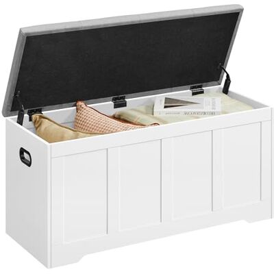 VASAGLE Truhe mit Deckel, Truhenbank mit Stauraum, 2 Sicherheitsscharniere, Schuhbank, Landhausstil, für Flur, Schlafzimmer, Wohnzimmer, 41 x 101 x 49 cm, mattweiß-Taubengrau LSB068W101 VASAGLE Truhe mit Deckel, Truhenbank mit Stauraum, 2 Sicherheitsscharniere, Schuhbank, Landhausstil, für Flur, Schlafzimmer, Wohnzimmer, 41 x 101 x 49 cm, mattweiß-Taubengrau LSB068W101