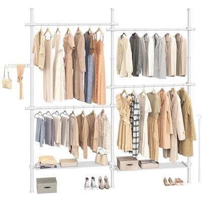 SONGMICS Teleskopstange Kleiderständer, 3-stufige Garderobe, höhen- und breitenverstellbar, offener Kleiderschrank mit 4 Kleiderstangen und 2 abnehmbaren Ablagen, Greifarm, mattweiß HSR154W01 SONGMICS Teleskopstange Kleiderständer, 3-stufige Garderobe, höhen- und breitenverstellbar, offener Kleiderschrank mit 4 Kleiderstangen und 2 abnehmbaren Ablagen, Greifarm, mattweiß HSR154W01