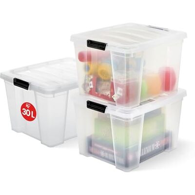 Iris Ohyama Aufbewahrungsboxen mit Deckel, 30L, 3er-Set, Transparent, Sicherer Verschluss, Stapelbar, Griffe, Schlafzimmer, Schrank, Büro, Organisation, BPA-freies Plastik, Ordnungsboxen, HB-30 Iris Ohyama Aufbewahrungsboxen mit Deckel, 30L, 3er-Set, Transparent, Sicherer Verschluss, Stapelbar, Griffe, Schlafzimmer, Schrank, Büro, Organisation, BPA-freies Plastik, Ordnungsboxen, HB-30