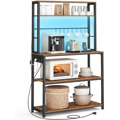 VASAGLE Küchenregal mit LED-Beleuchtung, Standregal mit Steckdosen, Mikrowellen-Regal mit verstellbaren Ablagen, 8 Haken, 40 x 80 x 168,4 cm, vintagebraun-Mattschwarz KKS050KD01 VASAGLE Küchenregal mit LED-Beleuchtung, Standregal mit Steckdosen, Mikrowellen-Regal mit verstellbaren Ablagen, 8 Haken, 40 x 80 x 168,4 cm, vintagebraun-Mattschwarz KKS050KD01