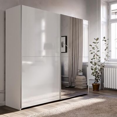 Forte Schach & MATT Kleiderschrank 190, Schrank mit 2 Schwebetüren und bodenlangem Spiegel, Holzwerkstoff, Weiß/Weiß Hochglanz, 190,1 cm breit, 190,5 cm hoch, 61,2 cm tief Forte Schach & MATT Kleiderschrank 190, Schrank mit 2 Schwebetüren und bodenlangem Spiegel, Holzwerkstoff, Weiß/Weiß Hochglanz, 190,1 cm breit, 190,5 cm hoch, 61,2 cm tief