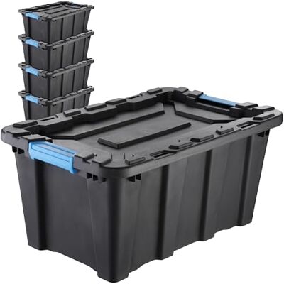 IDEA HOME TechBox HD 40L Aufbewahrungsbox mit Deckel – Schwerlast-Stapelbox, Werkzeugkiste, Organizer-Box aus robustem Kunststoff in Schwarz, Set mit 5 Stück IDEA HOME TechBox HD 40L Aufbewahrungsbox mit Deckel – Schwerlast-Stapelbox, Werkzeugkiste, Organizer-Box aus robustem Kunststoff in Schwarz, Set mit 5 Stück