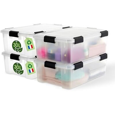 Iris Ohyama Luftdichte Kunststoff-Aufbewahrungsboxen mit Deckel, 30L, 4er-Set, Transparent, Hermetischer wasserdichter Verschluss, Robuste Schnappverschlüsse, Stapelbar, Staubschutz, BPA-frei, WSB-30 Iris Ohyama Luftdichte Kunststoff-Aufbewahrungsboxen mit Deckel, 30L, 4er-Set, Transparent, Hermetischer wasserdichter Verschluss, Robuste Schnappverschlüsse, Stapelbar, Staubschutz, BPA-frei, WSB-30