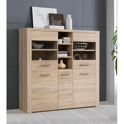 Forte Baltimore Vitrine 140 150, Moderne Vitrine mit 5 Türen, Standvitrine, Wohnzimmervitrine, Vitrinenschrank, Holzwerkstoff, Sonoma Eiche Holzdekor, 146,3 cm breit x 137,4 cm hoch x 41,3 cm tief Forte Baltimore Vitrine 140 150, Moderne Vitrine mit 5 Türen, Standvitrine, Wohnzimmervitrine, Vitrinenschrank, Holzwerkstoff, Sonoma Eiche Holzdekor, 146,3 cm breit x 137,4 cm hoch x 41,3 cm tief