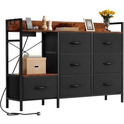YITAHOME Kommode Schlafzimmer mit 7 Stoffschubladen, Kommode mit 2 Steckdosen, 2 USB-Anschlüssen, TV-Schrank mit seitlichen Haken,Schwarz YITAHOME Kommode Schlafzimmer mit 7 Stoffschubladen, Kommode mit 2 Steckdosen, 2 USB-Anschlüssen, TV-Schrank mit seitlichen Haken,Schwarz