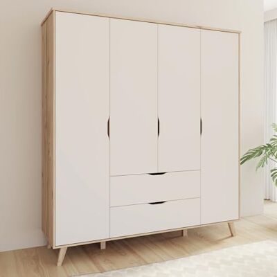 Forte VANKKA Kleiderschrank 185, Skandi Schrank mit 4 Drehtüren und 2 Schubladen, Filigrane Möbelbeine, Holzwerkstoff, Planked Eiche Holzdekor Weiß, 184,1 cm breit x 201,5 cm hoch x 52,7 cm tief Forte VANKKA Kleiderschrank 185, Skandi Schrank mit 4 Drehtüren und 2 Schubladen, Filigrane Möbelbeine, Holzwerkstoff, Planked Eiche Holzdekor Weiß, 184,1 cm breit x 201,5 cm hoch x 52,7 cm tief