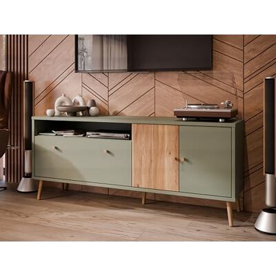 Forte Harllson, einfache Montage Dank EasyKlix TV Tisch, Salbei mit Mauvella Eiche, TV Schrank mit 2 Türen, skandinavischer, moderner Stil, 160 cm breit x 67 cm hoch x 41 cm tief Forte Harllson, einfache Montage Dank EasyKlix TV Tisch, Salbei mit Mauvella Eiche, TV Schrank mit 2 Türen, skandinavischer, moderner Stil, 160 cm breit x 67 cm hoch x 41 cm tief