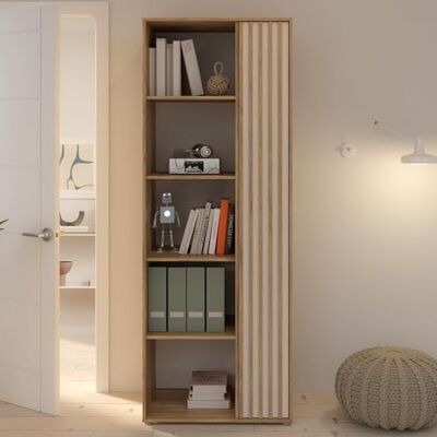 Forte ELISTON Regal 70 80, modernes Bücherregal mit Lamellendesign, 1-türig, 4 Einlegeböden, Wohnzimmer/Büro, Mauvella Eiche Holzdekor Kashmir Beige, 74 cm breit x 200,1 cm hoch x 54 cm tief Forte ELISTON Regal 70 80, modernes Bücherregal mit Lamellendesign, 1-türig, 4 Einlegeböden, Wohnzimmer/Büro, Mauvella Eiche Holzdekor Kashmir Beige, 74 cm breit x 200,1 cm hoch x 54 cm tief