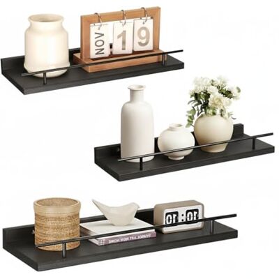 VINATO 3-Teiliges Wandregal Holz Aus Massivholz 40x15x4.5CM Für Küche Wohnzimmer Büro Schlafzimmer, Bücherregal, Schwarz VINATO 3-Teiliges Wandregal Holz Aus Massivholz 40x15x4.5CM Für Küche Wohnzimmer Büro Schlafzimmer, Bücherregal, Schwarz