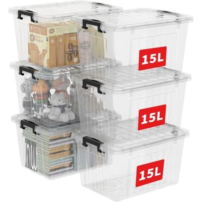 Cetomo 15L*6 Aufbewahrungsboxen, Rillen-verstärkte Kunststoffboxen mit Deckeln & Clips, Stapelbare Aufbewahrungskiste, Ordnungsboxen für Zuhause und Büro, PP, Transparent, 15L (6er Pack) Cetomo 15L*6 Aufbewahrungsboxen, Rillen-verstärkte Kunststoffboxen mit Deckeln & Clips, Stapelbare Aufbewahrungskiste, Ordnungsboxen für Zuhause und Büro, PP, Transparent, 15L (6er Pack)