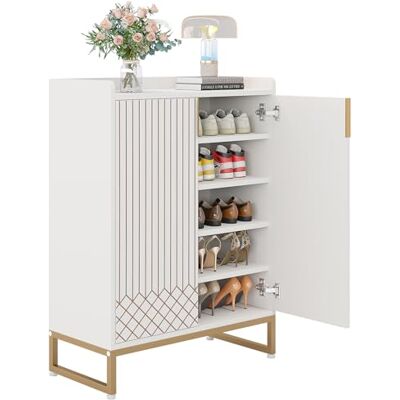 LITTLE TREE Moderner weißer Schuhschrank mit Türen für bis zu 25 Paar, 5-stöckiges Schuhregal aus Holz, Organizer für Eingangsbereich, Schlafzimmer, Flur, Wohnzimmer LITTLE TREE Moderner weißer Schuhschrank mit Türen für bis zu 25 Paar, 5-stöckiges Schuhregal aus Holz, Organizer für Eingangsbereich, Schlafzimmer, Flur, Wohnzimmer