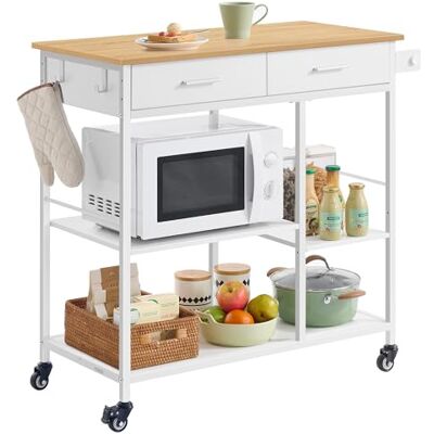 VASAGLE Küchewagen mit Rollen, mobiler Servierwagen mit Stauraum, Kücheninsel, 45 x 98,7 x 90 cm, 2 Schubladen, 2 Haken, für Esszimmer, eichenbeige-mattweiß KKI010Y01 VASAGLE Küchewagen mit Rollen, mobiler Servierwagen mit Stauraum, Kücheninsel, 45 x 98,7 x 90 cm, 2 Schubladen, 2 Haken, für Esszimmer, eichenbeige-mattweiß KKI010Y01