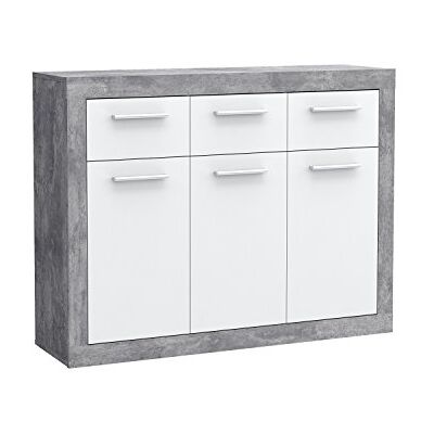 Forte BACCIO Kommode 120, Kommode mit 3 Türen und 3 Schubladen, Holzwerkstoff, Betonoptik Lichtgrau Holzdekor / Weiß, 117,9 cm breit x 91,5 cm hoch x 34 cm tief Forte BACCIO Kommode 120, Kommode mit 3 Türen und 3 Schubladen, Holzwerkstoff, Betonoptik Lichtgrau Holzdekor / Weiß, 117,9 cm breit x 91,5 cm hoch x 34 cm tief