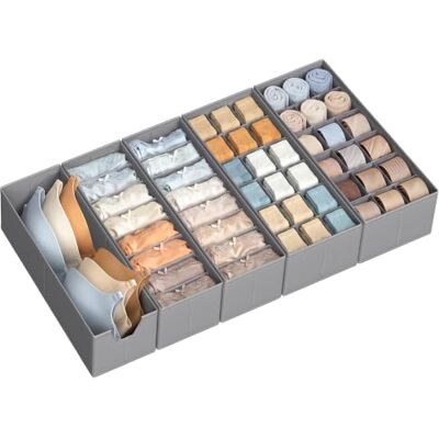 SONGMICS Schubladen-Organizer aus Vliesstoff, Faltbare Aufbewahrungsboxen für Unterwäsche und Socken, 15/19 x 41 x 10 cm, 5er Set, Grau, Schrank-Organizer, Tina Kollektion RUS020GD01 SONGMICS Schubladen-Organizer aus Vliesstoff, Faltbare Aufbewahrungsboxen für Unterwäsche und Socken, 15/19 x 41 x 10 cm, 5er Set, Grau, Schrank-Organizer, Tina Kollektion RUS020GD01