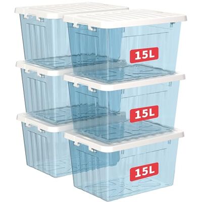 Cetomo 15L*6 Aufbewahrungsboxen, Rillen-verstärkte Kunststoffboxen mit Deckeln & Clips, Stapelbare Aufbewahrungskiste, Ordnungsboxen für Zuhause und Büro, PP, Transparent Blau, 15L (6er Pack) Cetomo 15L*6 Aufbewahrungsboxen, Rillen-verstärkte Kunststoffboxen mit Deckeln & Clips, Stapelbare Aufbewahrungskiste, Ordnungsboxen für Zuhause und Büro, PP, Transparent Blau, 15L (6er Pack)