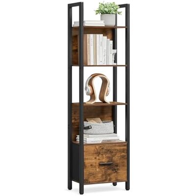 VASAGLE Bücherregal mit 5 Ebenen, Eckregal mit Schublade, Leiterregal, Industrial-Design, mit Stahlrahmen, für Wohnzimmer, Home Office, Schlafzimmer, 24 x 40 x 165 cm, vintagebraun-schwarz LLS146B01 VASAGLE Bücherregal mit 5 Ebenen, Eckregal mit Schublade, Leiterregal, Industrial-Design, mit Stahlrahmen, für Wohnzimmer, Home Office, Schlafzimmer, 24 x 40 x 165 cm, vintagebraun-schwarz LLS146B01