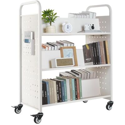 VEVOR Bücherwagen, 150kg Tragkraft, Bibliothekswagen, 97x51,5x122,5cm, Doppelseitiges W-förmiges Bücherregal mit Doppelbremsrollen, Bücherregalwagen für Wohnzimmer, Büro, Schule, Weiß VEVOR Bücherwagen, 150kg Tragkraft, Bibliothekswagen, 97x51,5x122,5cm, Doppelseitiges W-förmiges Bücherregal mit Doppelbremsrollen, Bücherregalwagen für Wohnzimmer, Büro, Schule, Weiß