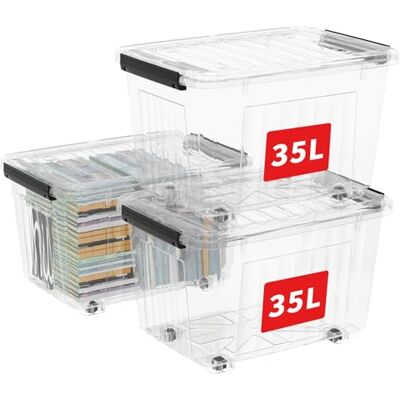 Cetomo 35L*3 Aufbewahrungsboxen, Rillen-verstärkte Kunststoffboxen mit Rollen & Deckeln, Stapelbare Aufbewahrungskiste, Ordnungsboxen für Zuhause und Büro, PP, Transparent, 35L (3er Pack) Cetomo 35L*3 Aufbewahrungsboxen, Rillen-verstärkte Kunststoffboxen mit Rollen & Deckeln, Stapelbare Aufbewahrungskiste, Ordnungsboxen für Zuhause und Büro, PP, Transparent, 35L (3er Pack)