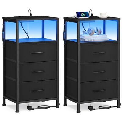 SONGMICS BELLAH Kollektion Nachttisch mit Ladestation, Beistelltisch, App-gesteuerte, einstellbare LED-Beleuchtung, 1 offenes Fach, 3 Schubladen, modern, 2er Set, tintenschwarz LGS203B102 SONGMICS BELLAH Kollektion Nachttisch mit Ladestation, Beistelltisch, App-gesteuerte, einstellbare LED-Beleuchtung, 1 offenes Fach, 3 Schubladen, modern, 2er Set, tintenschwarz LGS203B102