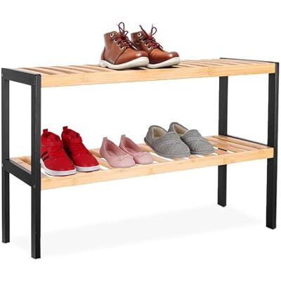 Relaxdays Schuhregal, HxBxT: 33 x 70 x 26 cm, Bambus, 2 Ebenen, 6 Paar Schuhe, Schuhständer Gitterablagen, Natur/schwarz Relaxdays Schuhregal, HxBxT: 33 x 70 x 26 cm, Bambus, 2 Ebenen, 6 Paar Schuhe, Schuhständer Gitterablagen, Natur/schwarz