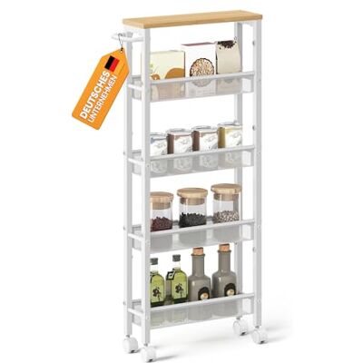 VASAGLE Rollwagen 5 Ebenen, Küchenwagen schmal, Nischenregal auf Rollen, Stahl, Griff, für kleine Räume, 13 x 45,4 x 99,6 cm, Küche, Bad, Wohnzimmer, Arbeitszimmer, eichenfarben-weiß LRC034W09 VASAGLE Rollwagen 5 Ebenen, Küchenwagen schmal, Nischenregal auf Rollen, Stahl, Griff, für kleine Räume, 13 x 45,4 x 99,6 cm, Küche, Bad, Wohnzimmer, Arbeitszimmer, eichenfarben-weiß LRC034W09