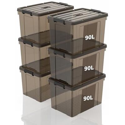 SpaceXpert Aufbewahrungsboxen, Lagerboxen, Tragefähige Kunststoffboxen mit Griff, Stapelfähiger Organisationsbehälter für Schlafzimmer, Unrat, Schule, Transparent Braun, 90L (6er Set) SpaceXpert Aufbewahrungsboxen, Lagerboxen, Tragefähige Kunststoffboxen mit Griff, Stapelfähiger Organisationsbehälter für Schlafzimmer, Unrat, Schule, Transparent Braun, 90L (6er Set)