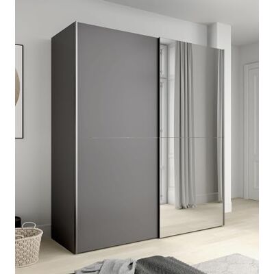 Forte KAIKAIS Schrank 170, Kleiderschrank mit Spiegel, Schwebetürenschrank, Industrial Schlafzimmer, 2-türig, Einlegeböden, Kleiderstange, Uni Grau Holzdekor, 170 cm breit x 191 cm hoch x 61 cm tief Forte KAIKAIS Schrank 170, Kleiderschrank mit Spiegel, Schwebetürenschrank, Industrial Schlafzimmer, 2-türig, Einlegeböden, Kleiderstange, Uni Grau Holzdekor, 170 cm breit x 191 cm hoch x 61 cm tief
