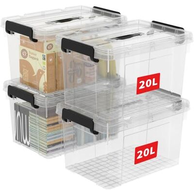 Cetomo 20L*4 Aufbewahrungsboxen, Tragbare Plastikboxen mit Deckeln, Organizer-Behälter mit Griff und Clips, Stapelbar, Ineinander Nestbar, für Zuhause und Büro, Transparent, 20L-4er Pack Cetomo 20L*4 Aufbewahrungsboxen, Tragbare Plastikboxen mit Deckeln, Organizer-Behälter mit Griff und Clips, Stapelbar, Ineinander Nestbar, für Zuhause und Büro, Transparent, 20L-4er Pack