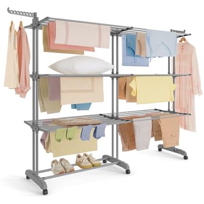 SONGMICS Wäscheständer, Standtrockner 4 Ebenen, ausziehbar, Flügelwäscheständer, klappbare Flügel, mit Rollen, 63,5 x (131-200) x 177,5 cm, groß, einfacher Aufbau, Taubengrau LLR704G01 SONGMICS Wäscheständer, Standtrockner 4 Ebenen, ausziehbar, Flügelwäscheständer, klappbare Flügel, mit Rollen, 63,5 x (131-200) x 177,5 cm, groß, einfacher Aufbau, Taubengrau LLR704G01