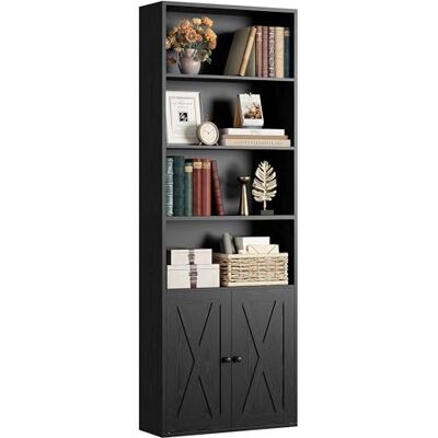 IRONCK Bücherregal Schwarz, Standregal mit Türen, Holz Regal mit 6 Ebenen, Offenes Aufbewahrungsregal für Wohnzimmer, Homeoffice, Esszimmer, Schlafzimmer, 24 x 60 x 180 cm IRONCK Bücherregal Schwarz, Standregal mit Türen, Holz Regal mit 6 Ebenen, Offenes Aufbewahrungsregal für Wohnzimmer, Homeoffice, Esszimmer, Schlafzimmer, 24 x 60 x 180 cm