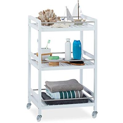 Relaxdays Servierwagen Bambus, 3 Ablagen, 360° drehbare Rollen, Edelstahl-Stangen, Küchenwagen, HBT: 76,5x46x38 cm, weiß Relaxdays Servierwagen Bambus, 3 Ablagen, 360° drehbare Rollen, Edelstahl-Stangen, Küchenwagen, HBT: 76,5x46x38 cm, weiß