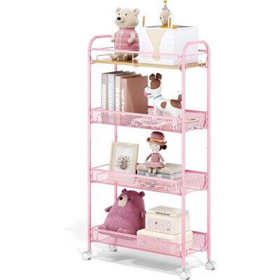 KINGRACK 4-Stufen Schmaler Küchenwagen mit Rollen, Holzplatte & Schiebe-Körben, Rollwagen Metall für Enge Räume in Küche, Badezimmer, Wohnheim & Schlafzimmer, Rosa KINGRACK 4-Stufen Schmaler Küchenwagen mit Rollen, Holzplatte & Schiebe-Körben, Rollwagen Metall für Enge Räume in Küche, Badezimmer, Wohnheim & Schlafzimmer, Rosa