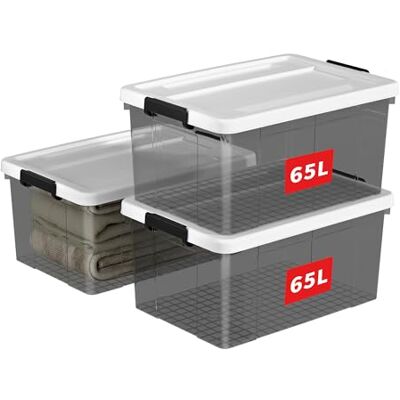 Cetomo 65L*3 Aufbewahrungsboxen, Aufbewahrungsbox mit Deckel, Organizer-Behälter mit Clips, Stapelbar, Ineinander Nestbar, für Zuhause und Büro, Kunststoff, Transparent schwarz, 65L-3er Pack Cetomo 65L*3 Aufbewahrungsboxen, Aufbewahrungsbox mit Deckel, Organizer-Behälter mit Clips, Stapelbar, Ineinander Nestbar, für Zuhause und Büro, Kunststoff, Transparent schwarz, 65L-3er Pack