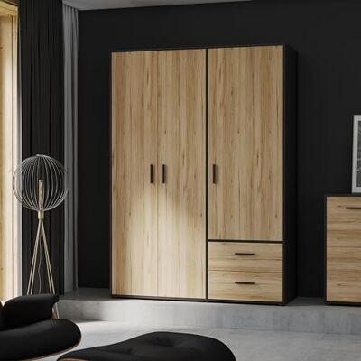 Forte Jupiter Schrank 140 150, Kleiderschrank, Drehtürenschrank, 3-türig, mit 2 Schubladen und Einlegeböden, Schwarz mit Holz Dekor: Catania Eiche, 145 cm breit x 53 cm tief x 200 cm hoch Forte Jupiter Schrank 140 150, Kleiderschrank, Drehtürenschrank, 3-türig, mit 2 Schubladen und Einlegeböden, Schwarz mit Holz Dekor: Catania Eiche, 145 cm breit x 53 cm tief x 200 cm hoch