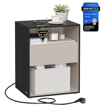 VASAGLE Nachttisch, superschnelle werkzeuglose Montage,Toolless-Technologie, Beistelltisch mit Ladefunktion, Nachtschrank mit Schublade, Schlafzimmer, tintenschwarz-cappuccinobeige LET777B04 VASAGLE Nachttisch, superschnelle werkzeuglose Montage,Toolless-Technologie, Beistelltisch mit Ladefunktion, Nachtschrank mit Schublade, Schlafzimmer, tintenschwarz-cappuccinobeige LET777B04