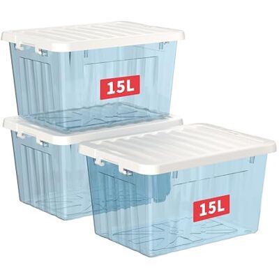 Cetomo 15L*3 Aufbewahrungsboxen, Rillen-verstärkte Kunststoffboxen mit Deckeln & Clips, Stapelbare Aufbewahrungskiste, Ordnungsboxen für Zuhause und Büro, PP, Transparent Blau, 15L (3er Pack) Cetomo 15L*3 Aufbewahrungsboxen, Rillen-verstärkte Kunststoffboxen mit Deckeln & Clips, Stapelbare Aufbewahrungskiste, Ordnungsboxen für Zuhause und Büro, PP, Transparent Blau, 15L (3er Pack)
