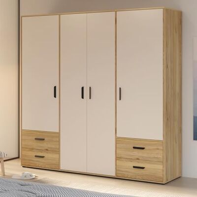 Forte Jupiter Kleiderschrank 200 210, Schrank mit 4 Drehtüren und 4 Schubladen, Kaschmir/Beige, Sand/Mauvella Eiche Dekor, 205,9 cm breit, 200,1 cm hoch, 52,7 cm tief Forte Jupiter Kleiderschrank 200 210, Schrank mit 4 Drehtüren und 4 Schubladen, Kaschmir/Beige, Sand/Mauvella Eiche Dekor, 205,9 cm breit, 200,1 cm hoch, 52,7 cm tief