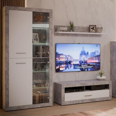 Forte Finley Wohnwand 330, Moderne Wohnwand mit TV Schrank, Vitrine, Wandpaneel und Kommode, Holzwerkstoff, Weiß mit Betonoptik Akzenten, 328,4 cm breit x 193,7 cm hoch x 41 cm tief Forte Finley Wohnwand 330, Moderne Wohnwand mit TV Schrank, Vitrine, Wandpaneel und Kommode, Holzwerkstoff, Weiß mit Betonoptik Akzenten, 328,4 cm breit x 193,7 cm hoch x 41 cm tief