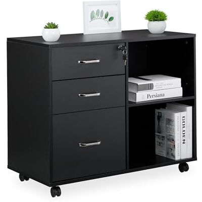 Relaxdays Rollcontainer, 3 Schubladen, 2 Fächer, Hängeregister, HxBxT: 66x80x40 cm, abschließbarer Aktenschrank, schwarz Relaxdays Rollcontainer, 3 Schubladen, 2 Fächer, Hängeregister, HxBxT: 66x80x40 cm, abschließbarer Aktenschrank, schwarz