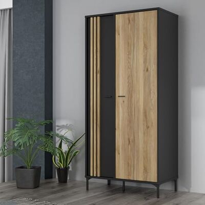 Forte JOAKIMIS Kleiderschrank 92, 2-türiger Drehtürenschrank mit Lamellendetails und Einlegeböden, Holzwerkstoff, Mauvella Eiche/Schwarz, 92 cm breit, 198,2 cm hoch, 52,2 cm tief Forte JOAKIMIS Kleiderschrank 92, 2-türiger Drehtürenschrank mit Lamellendetails und Einlegeböden, Holzwerkstoff, Mauvella Eiche/Schwarz, 92 cm breit, 198,2 cm hoch, 52,2 cm tief