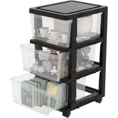 Cetomo Schubladenbox, Schubladenschrank, Aufbewahrungsturm mit Rollen, Kunststoff Schubladencontainer, Rollcontainer für Büro, Schlafzimmer, Wohnheim, Über DIN A4, Schwarz & Transparent 3 Schubladen Cetomo Schubladenbox, Schubladenschrank, Aufbewahrungsturm mit Rollen, Kunststoff Schubladencontainer, Rollcontainer für Büro, Schlafzimmer, Wohnheim, Über DIN A4, Schwarz & Transparent 3 Schubladen